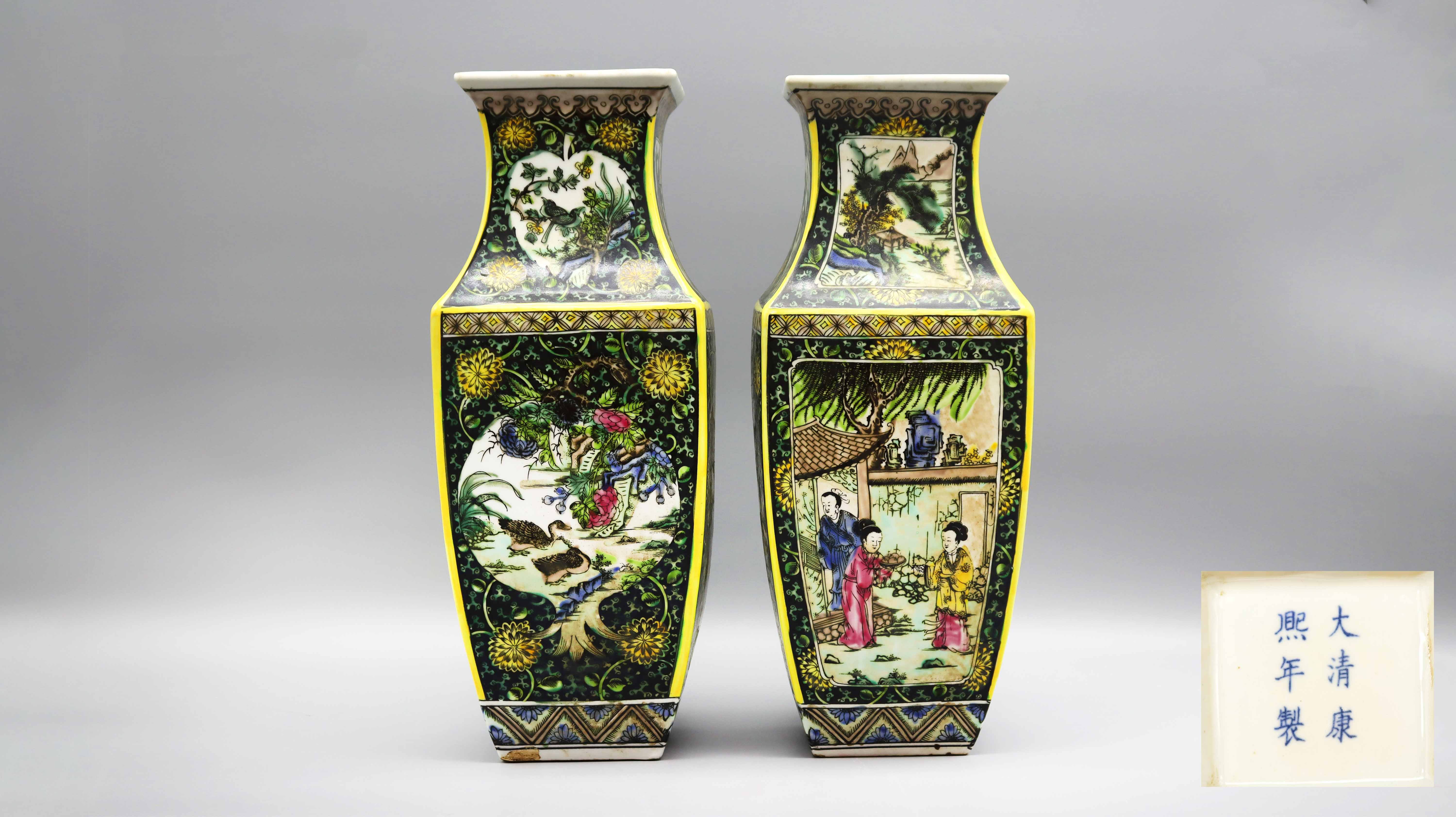 清 康熙绿地粉彩开窗花卉人物故事四方瓶一对 精品.jpg