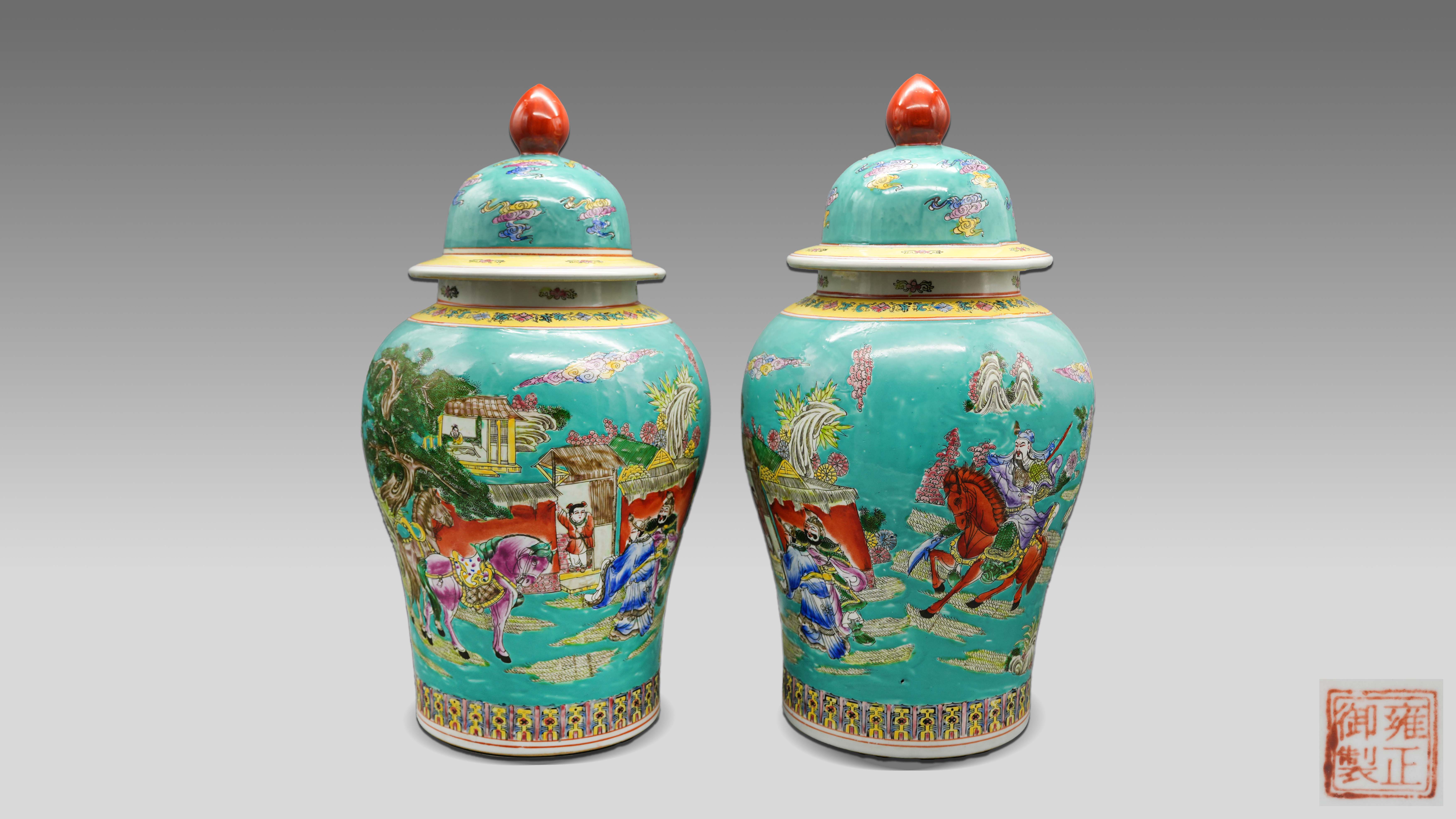 0312-晚期松石绿地粉彩人物故事将军罐一对-蒋连存.jpg
